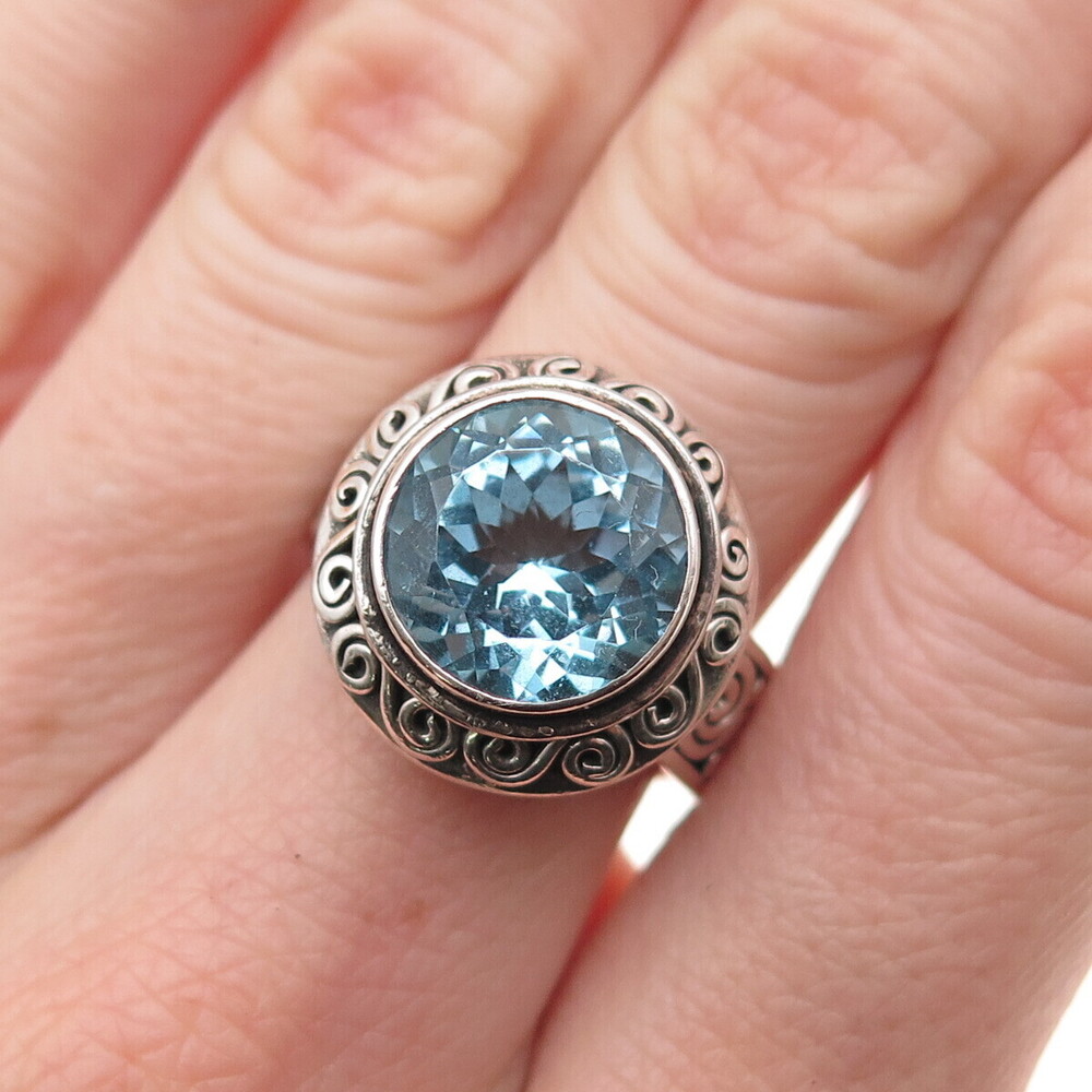 Suarti Bali 925 Sterling Silver Vintage Real Blue Topaz Spiral Ring Size 6.75